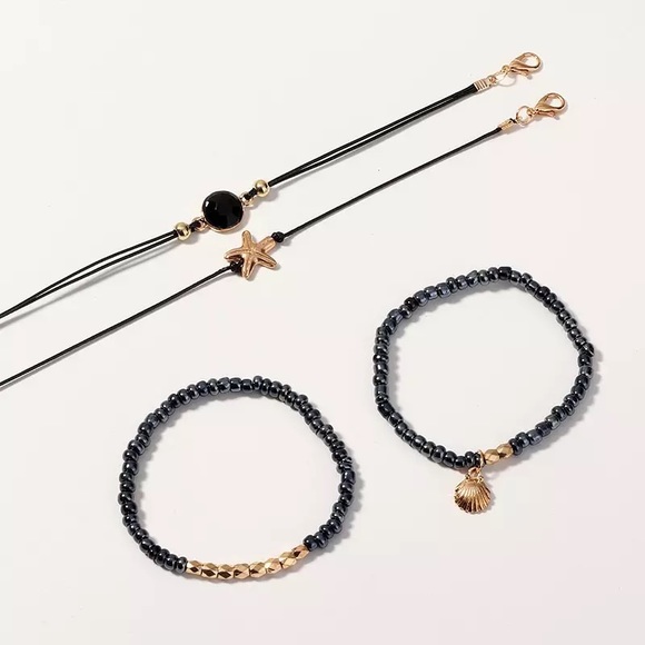 4 Pcs Black & Gold Starfish and Shell Bracelet Set - Picture 5 of 8